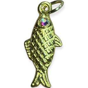 Vintage Gold Tone Metal Fish Charm Pendant with Aurora Borealis Rhinestone Eye